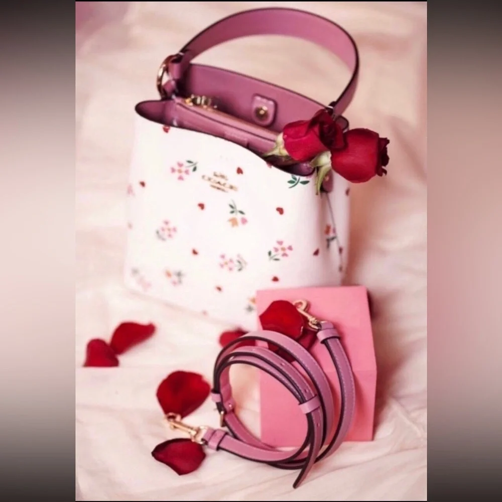 Coach Small Town Bucket Pink Leather Signature Canvas Heart Petal Print Chalk